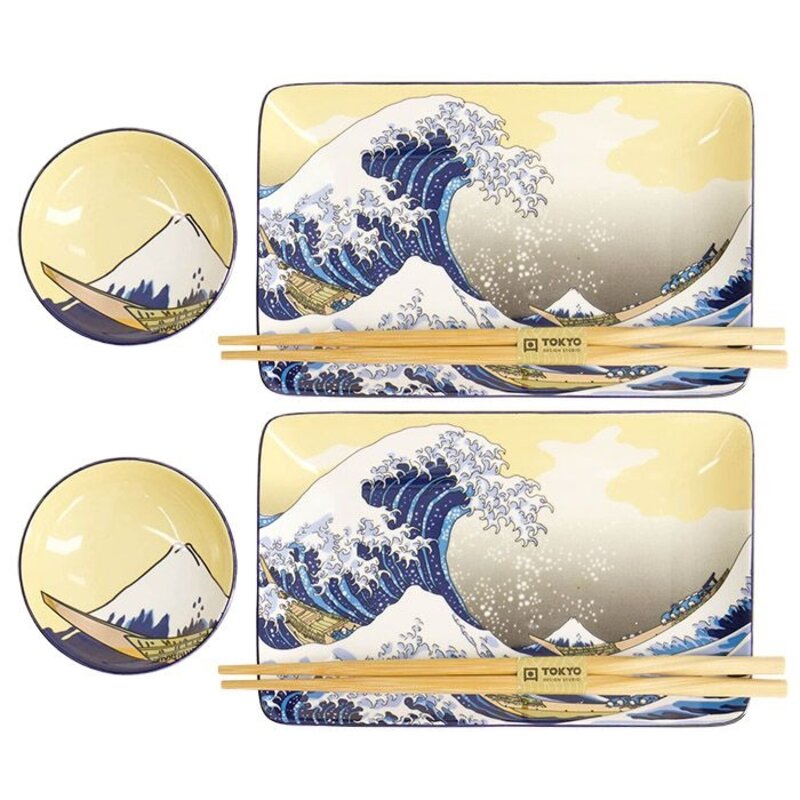Set de regalo de plato de sushi, Kawaii Hokusai, 4 piezas con palillos